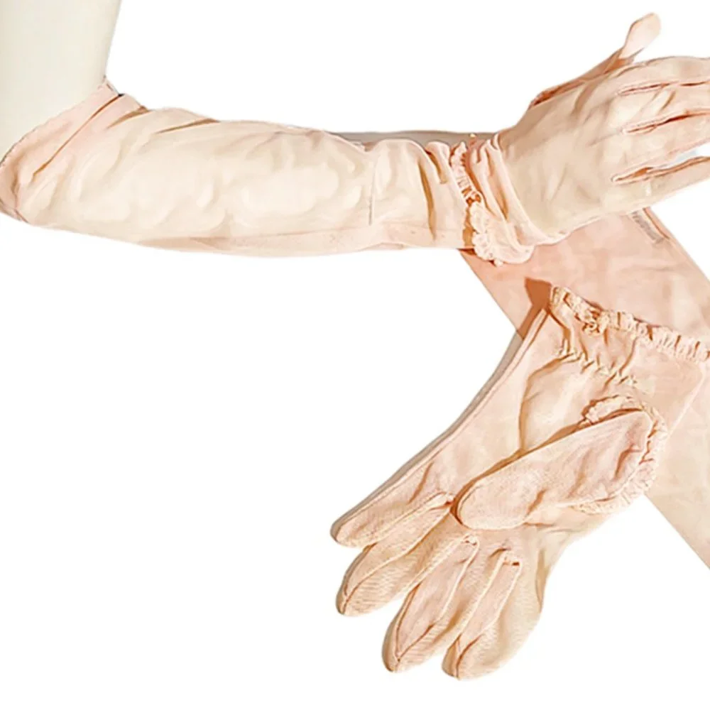 1950s Vintage 2 Piece Peachy Pink Net Gloves With Ruffles Long and Short Style.